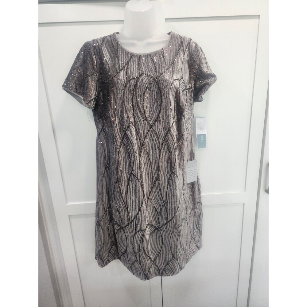 London Times Sequin Short Sleeve Velvet T Shirt Dress Women's Size 10 Brown/Gray
